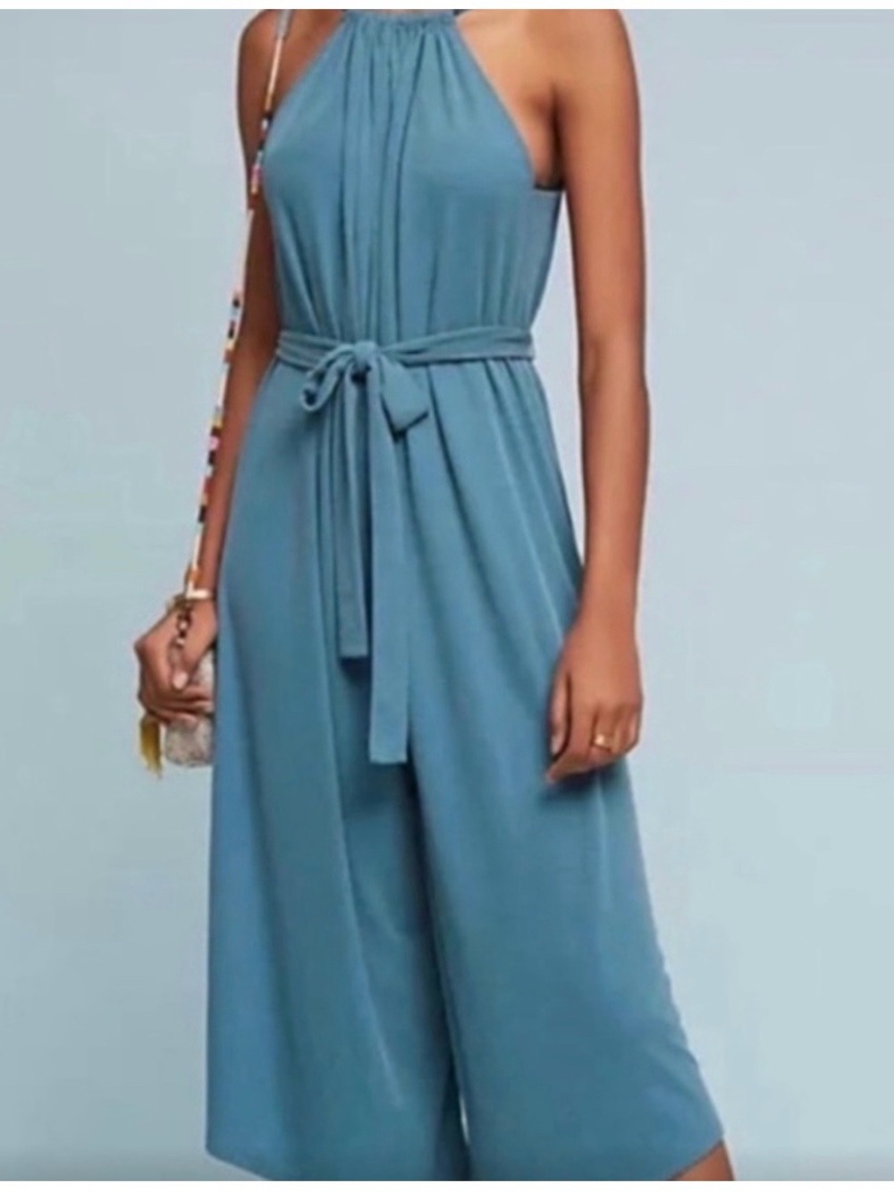 Anthropologie HD in Paris Sleeveless Halter Tie-Waist Wide-Leg Jumpsuit Blue S
